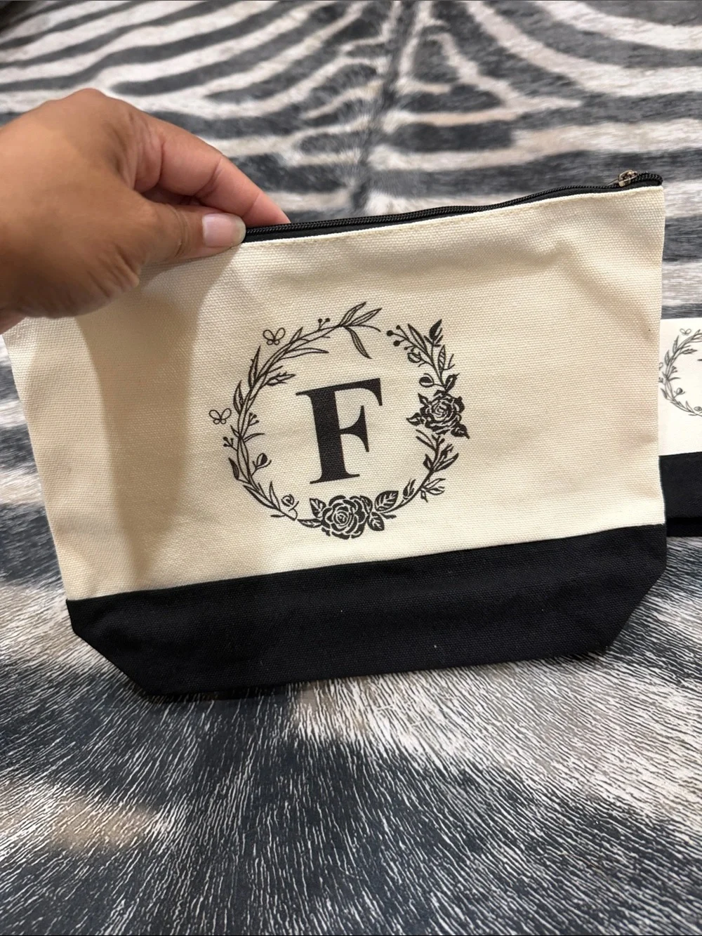 Initial F Monogram Canvas Cosmetic Pouch Set in Cream and Black